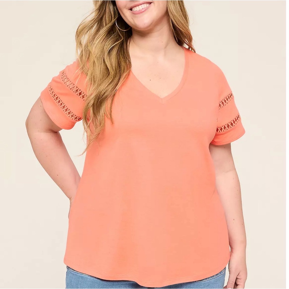 NWT!! Lane Bryant Coral V-Neck Crochet Sleeve Women's Top 26/28